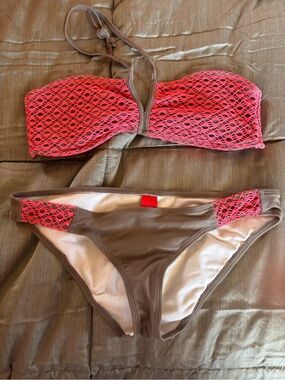 BONGO Coral Lace-Overlay Strapless Bikini with Taupe Trim